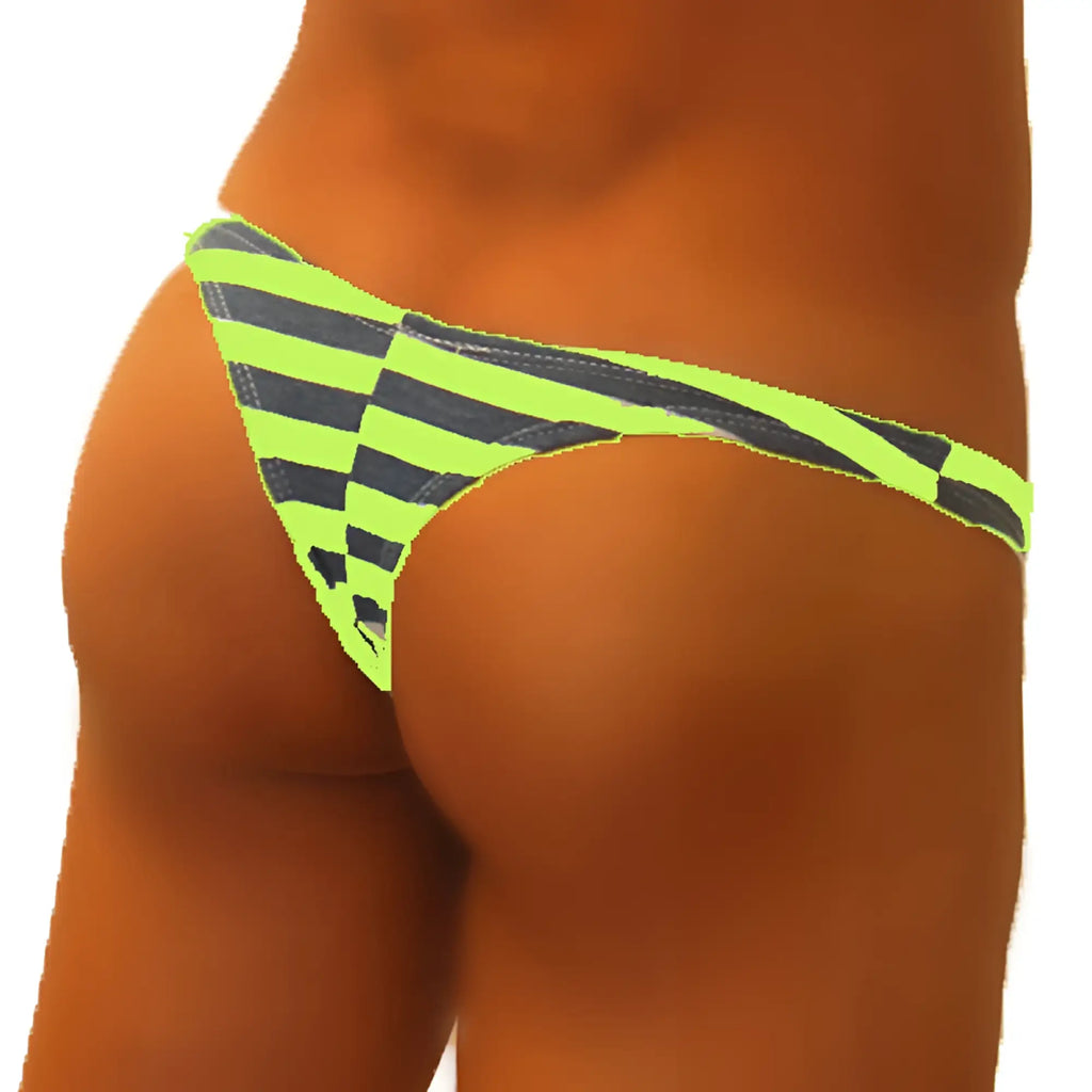 Neon green and black striped checkered thong underwear with enhancement c-ring from icker sea sailor collection