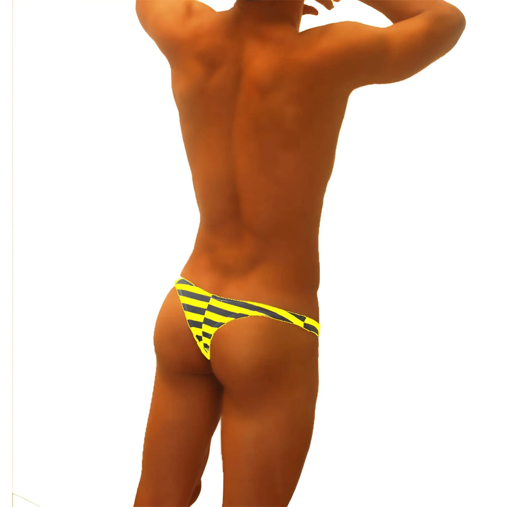 Icker Sea sailor stripe enhancement c-ring thong underwear in mango with bright yellow and black diagonal stripes