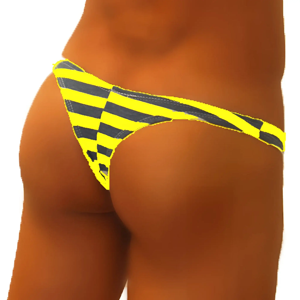 Icker sea sailor stripe enhancement c-ring thong underwear in bright yellow and black striped checkered pattern mango