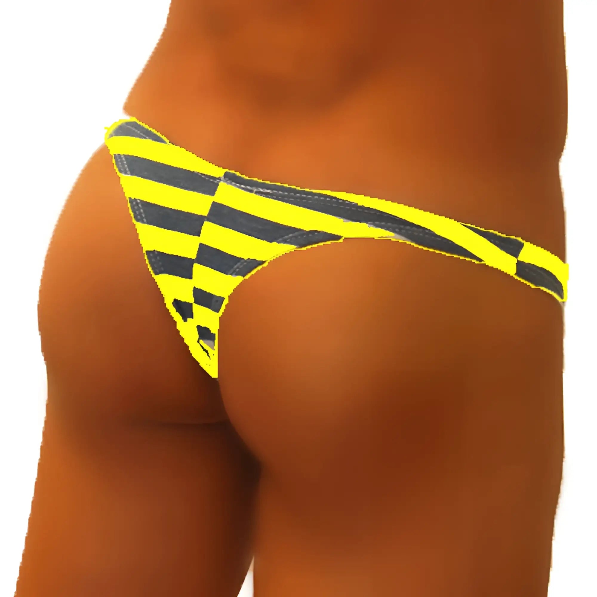 Icker sea sailor stripe enhancement c-ring thong underwear in bright yellow and black striped checkered pattern mango