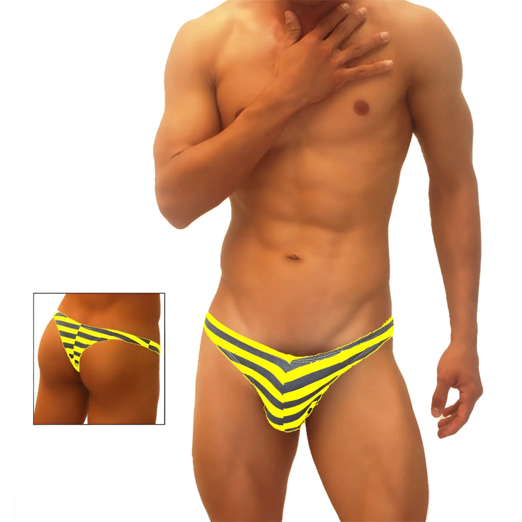 Icker Sea sailor stripe enhancement C-ring thong underwear in bright yellow and black striped chevron pattern mango color