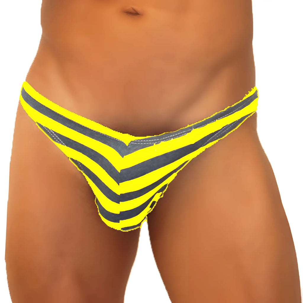 Vibrant yellow and dark gray chevron-striped denim-like thong underwear with c-ring by icker sea sailor stripe