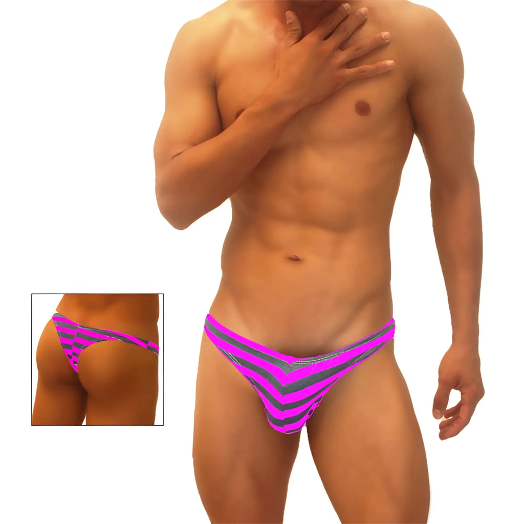 Vibrant pink and gray chevron-patterned icker sea sailor stripe enhancement c-ring thong underwear front view