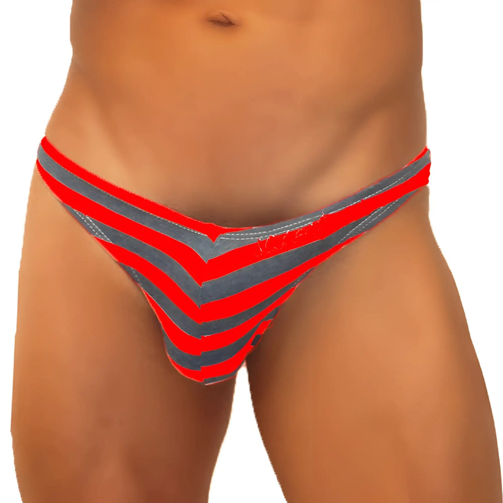 Red and gray chevron-patterned Icker Sea Sailor Stripe enhancement C-ring thong made of stretchy fabric