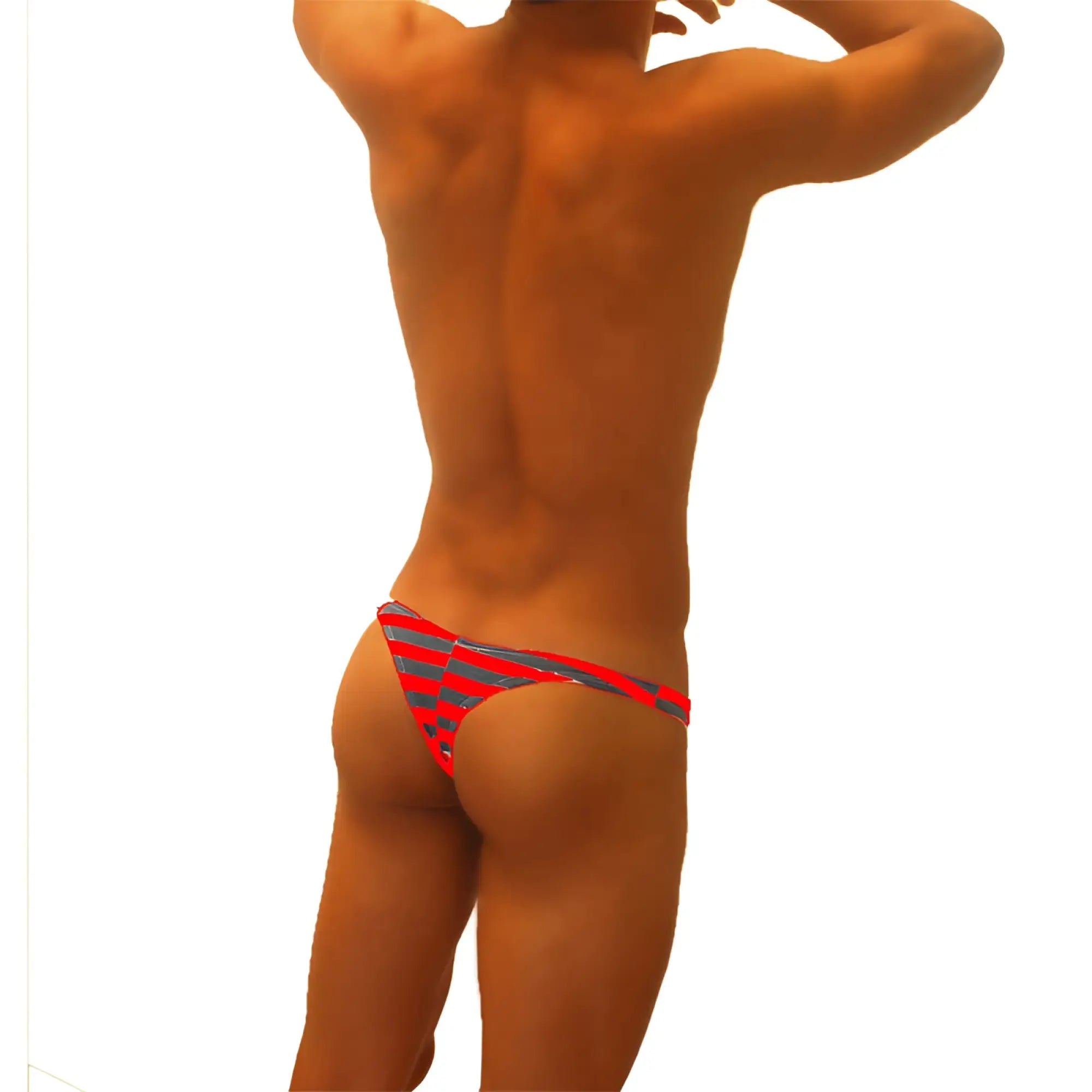 Icker sea sailor stripe enhancement c-ring thong underwear in red with gray stripes showing front view