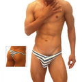 Icker Sea sailor stripe enhancement c-ring thong underwear in blue and white striped chevron pattern front view