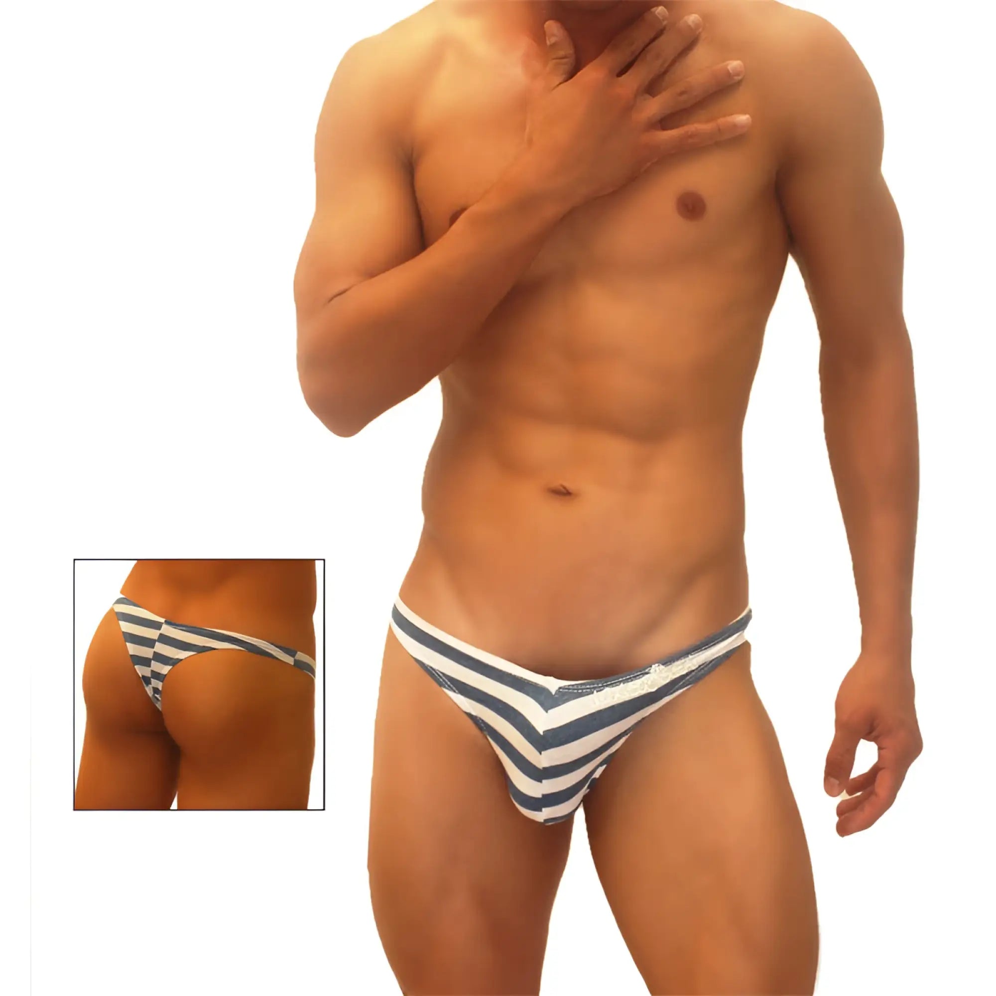 Icker Sea sailor stripe enhancement c-ring thong underwear in blue and white striped chevron pattern front view