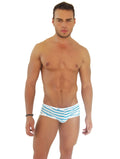 Men’s blue and white striped icker sea sailor stripe logo trim low boxer brief underwear front view