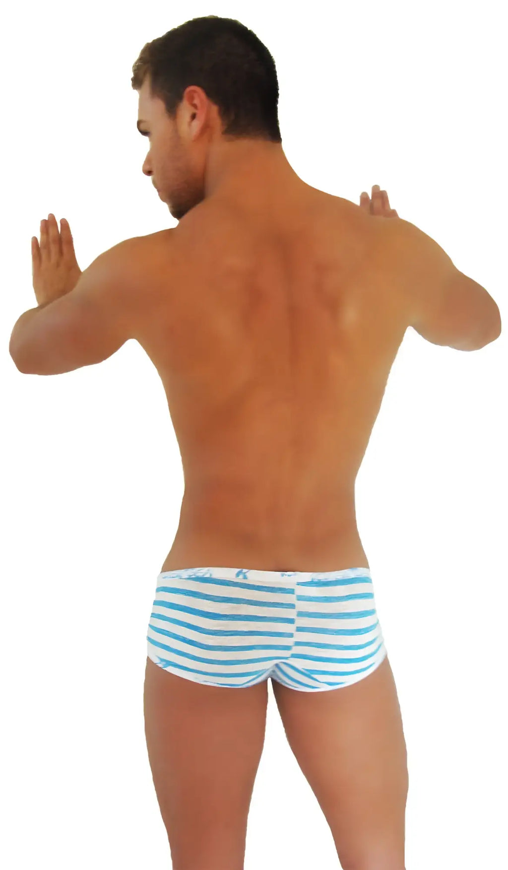 Icker Sea Sailor stripe logo trim low boxer brief underwear in blue and white striped swim trunk style