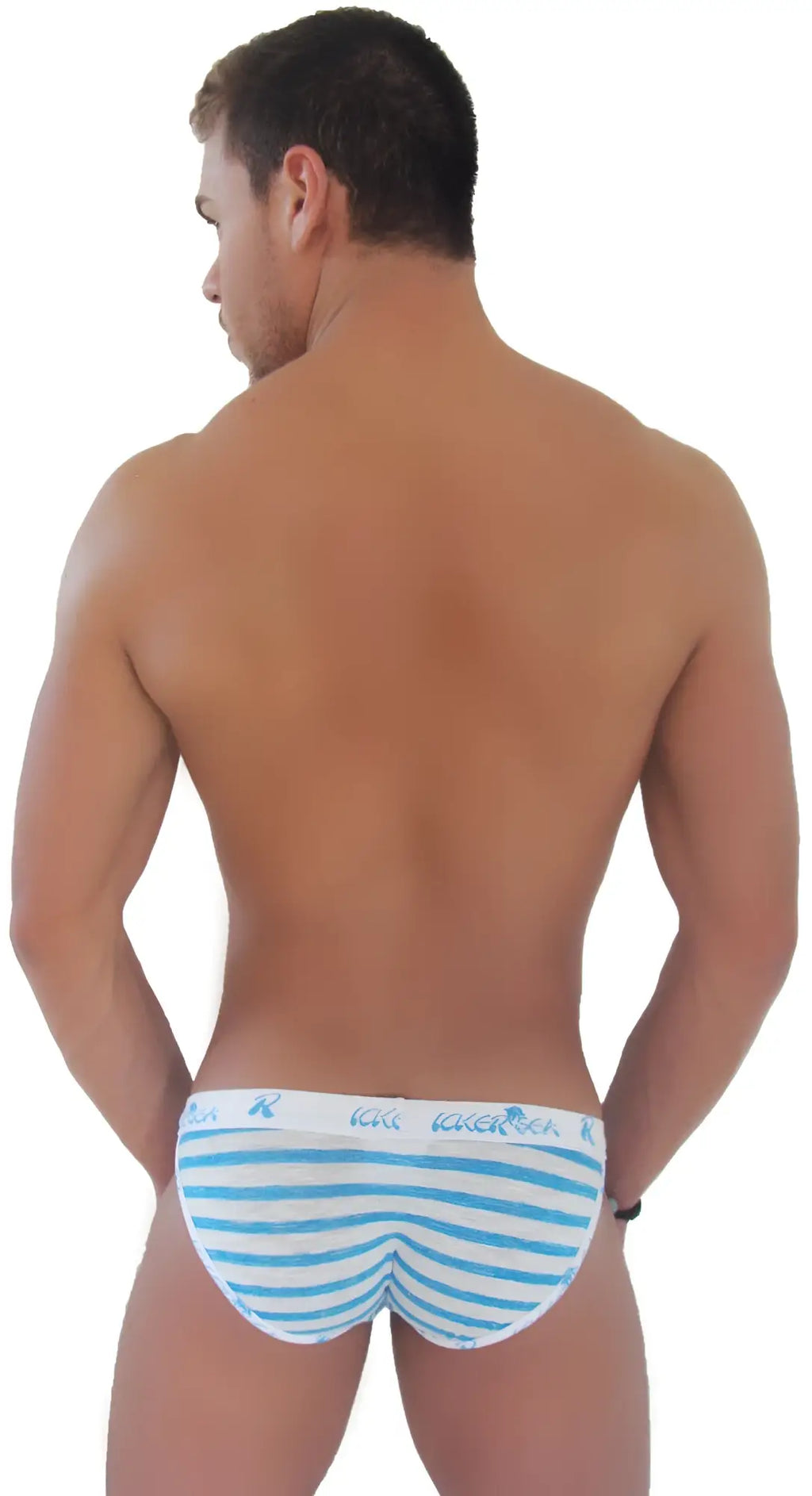 Blue and white striped men’s microslip bikini briefs with a branded waistband from icker sea sailor stripe collection