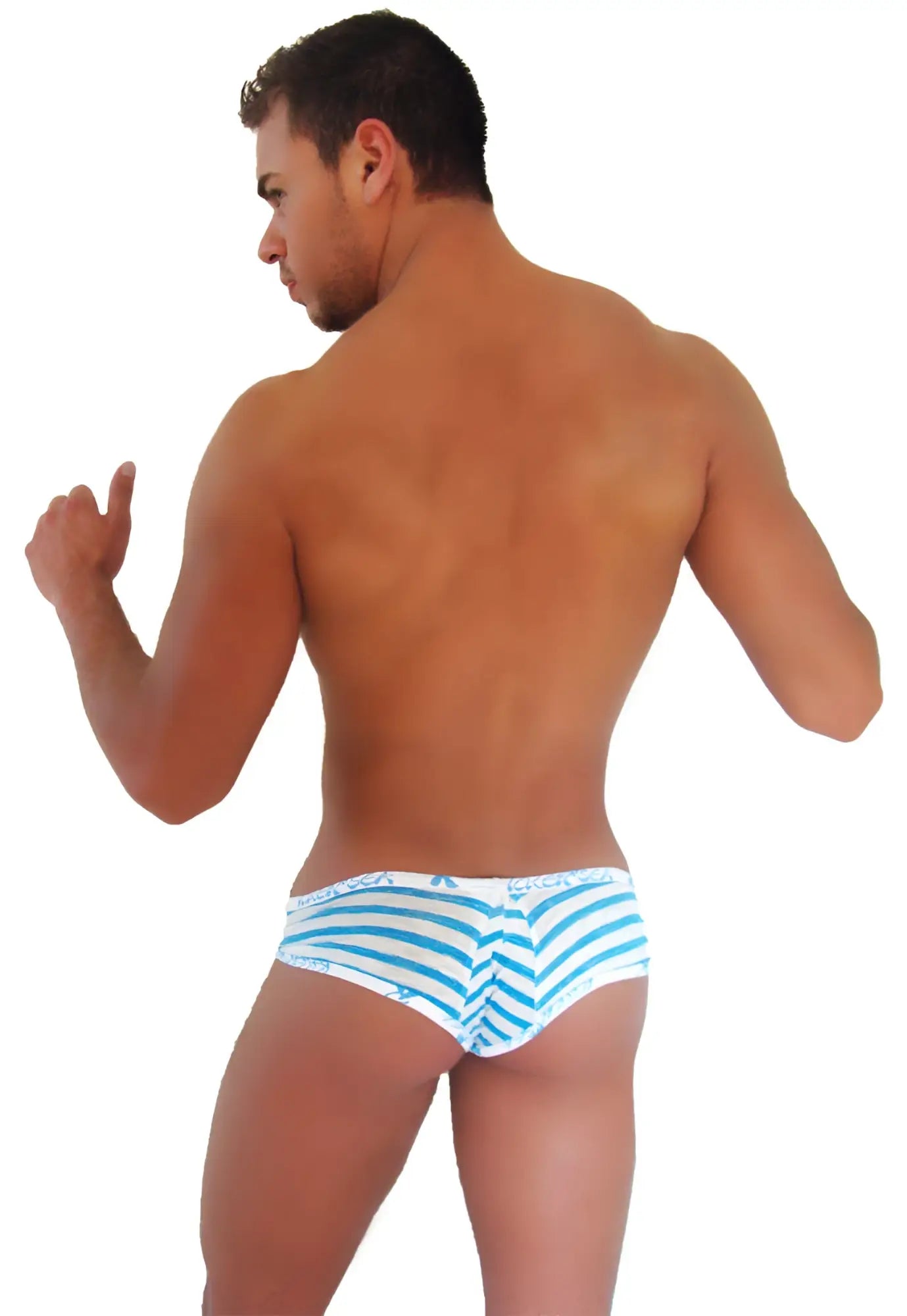 Icker Sea Sailor Stripe logo trim mini bikini underwear in blue and white stripes with patterned waistband for men