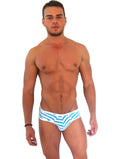 Blue and white striped swim trunks with modern bold pattern and logo trim from icker sea sailor stripe mini bikini underwear