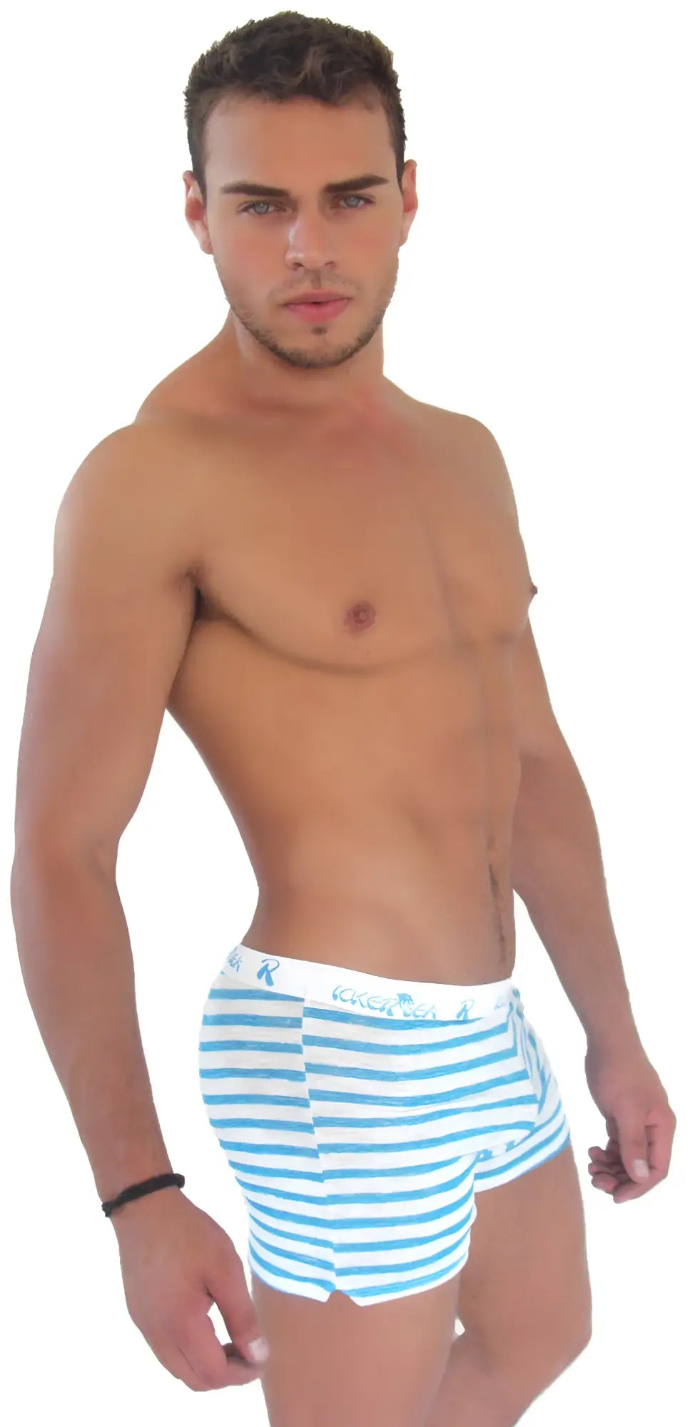 Icker sea sailor stripe side slit long boxer briefs in blue and white stripes with branded waistband