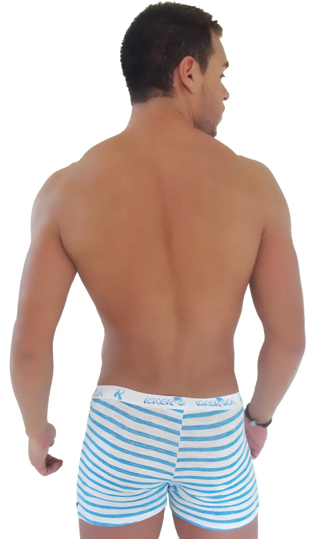 Icker Sea sailor stripe side slit long boxer brief underwear in blue and white stripes with branded waistband