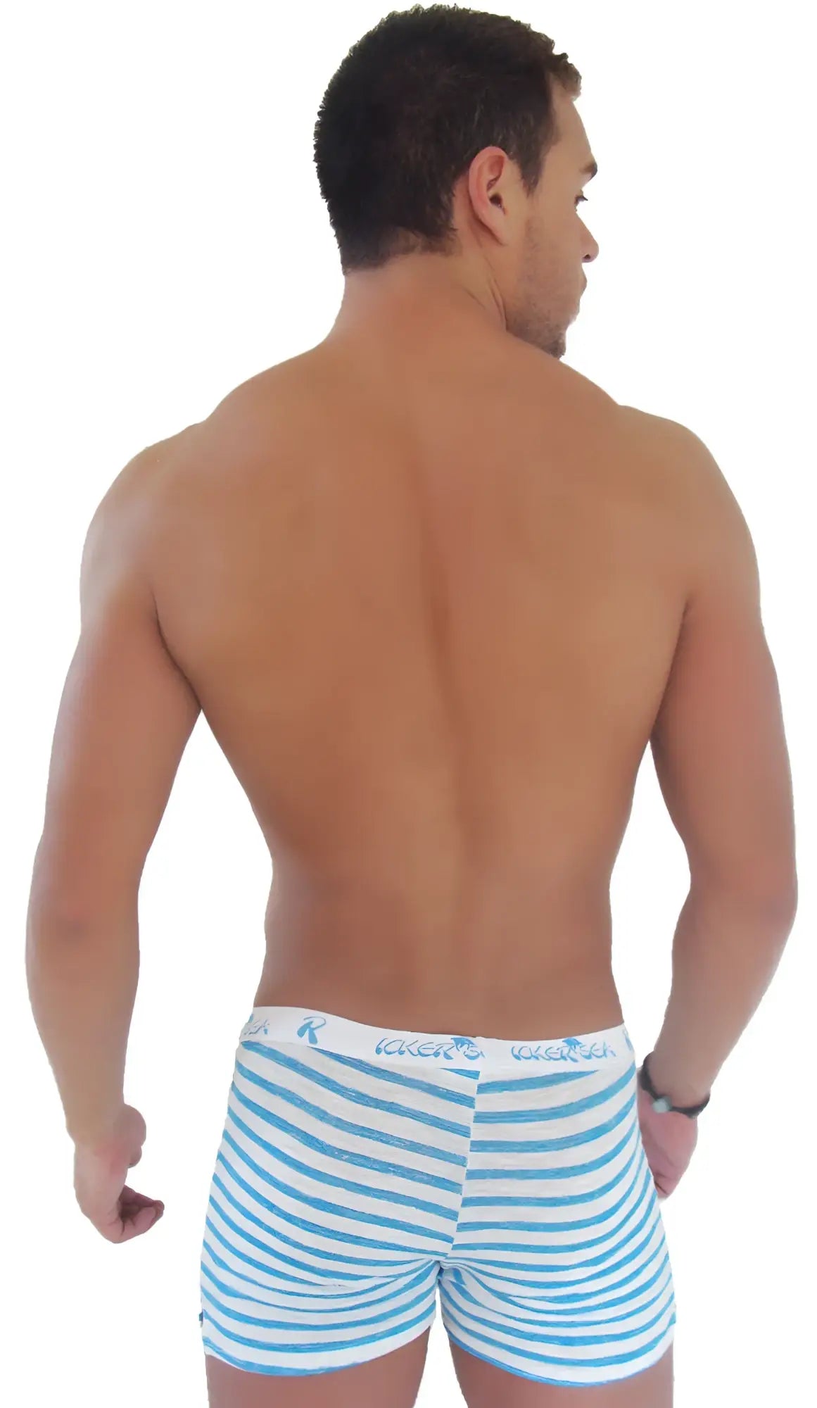 Icker Sea sailor stripe side slit long boxer brief underwear in blue and white stripes with branded waistband