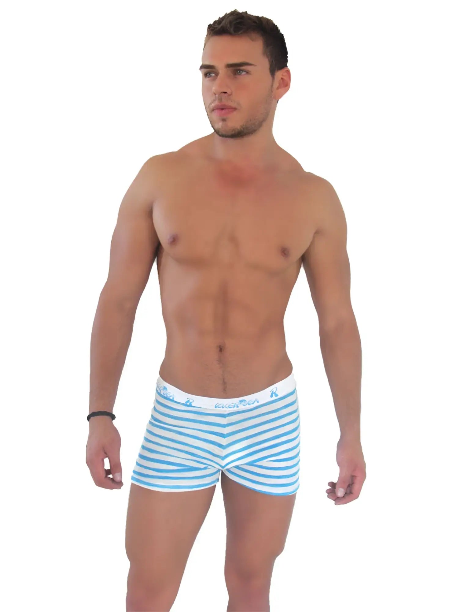 Icker Sea Sailor stripe side slit long boxer briefs in blue and white stripes with branded waistband for men