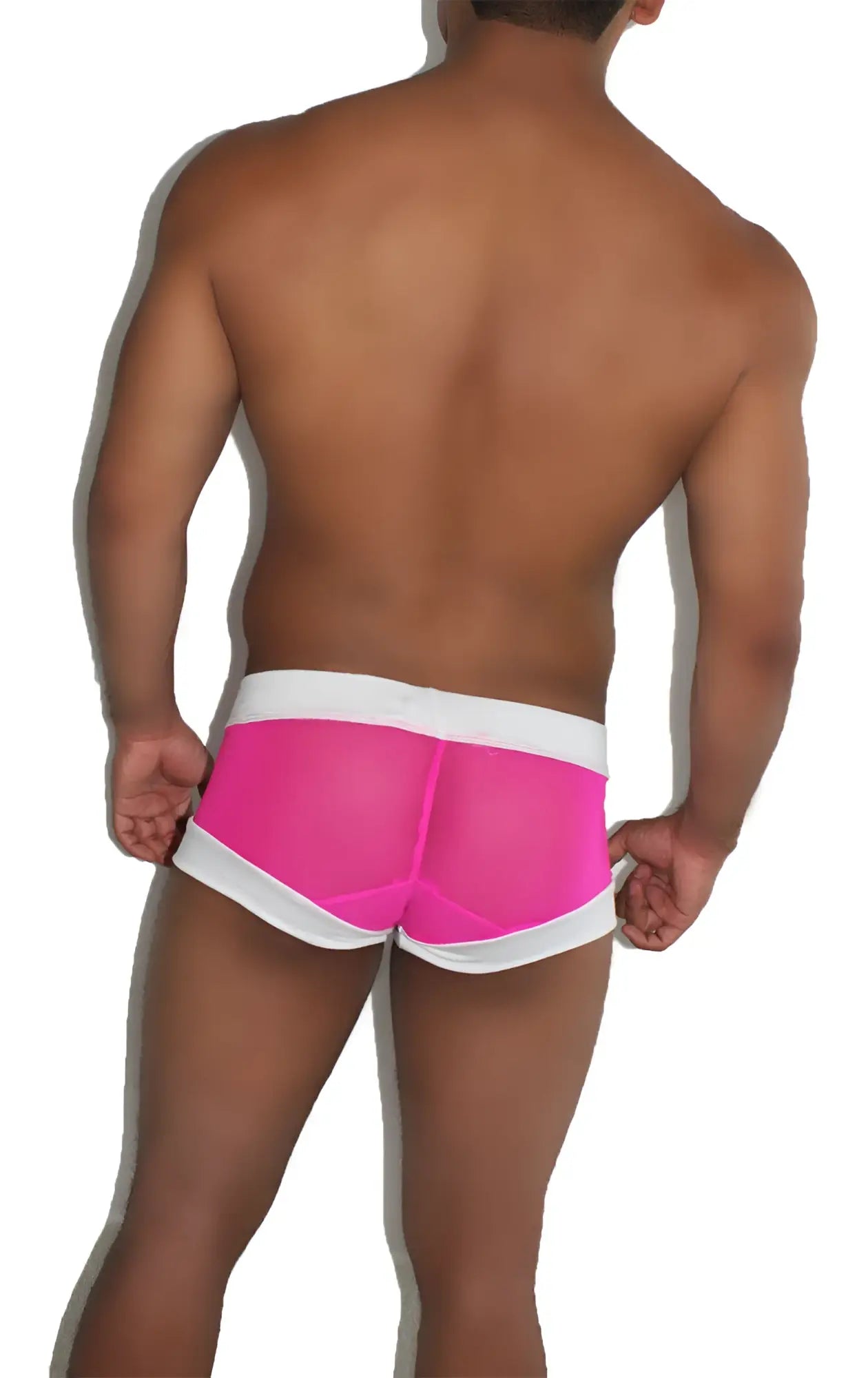 Icker sea sheer lace up front boxer brief underwear in bright pink sheer mesh with a white elastic waistband
