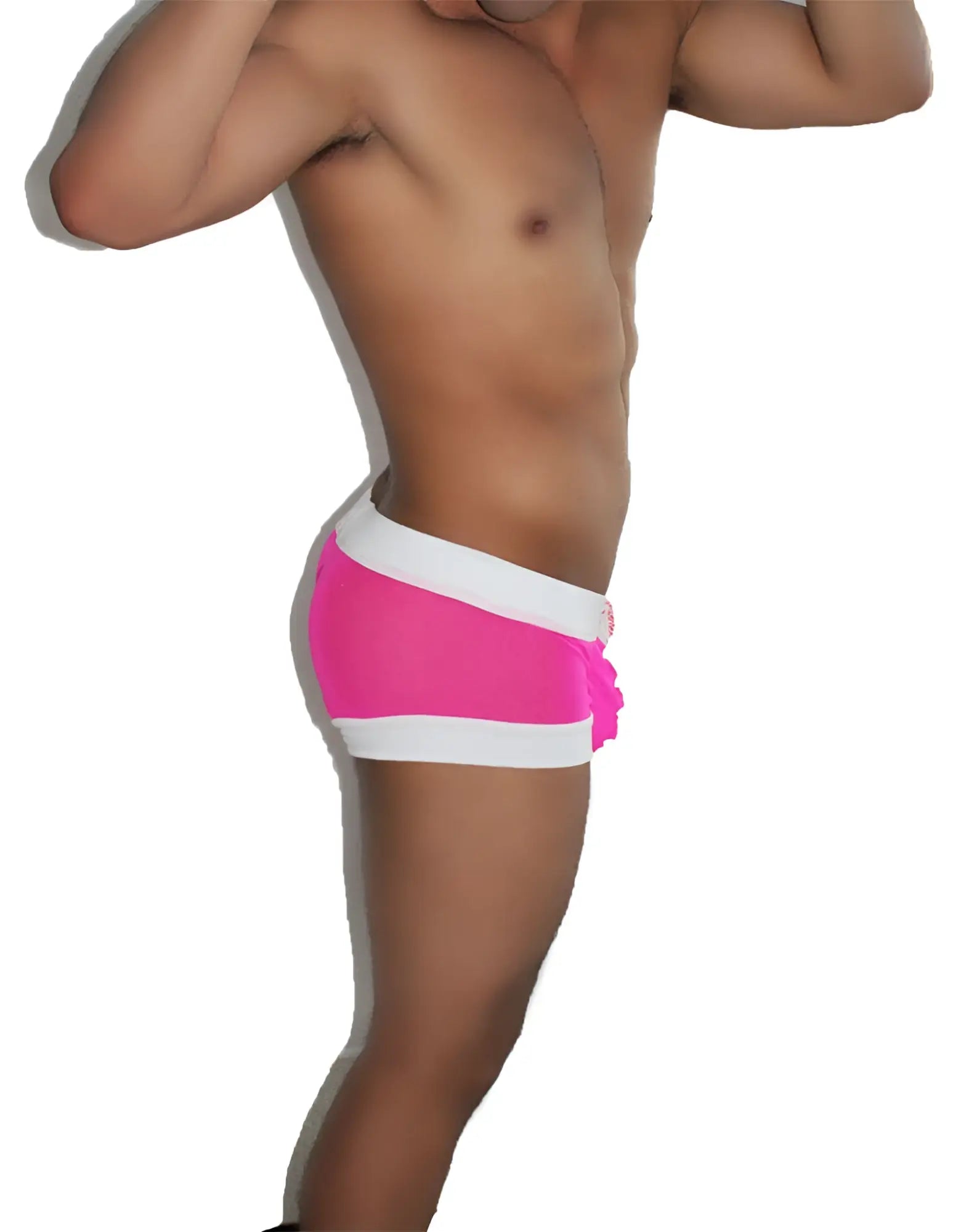 Icker Sea sheer lace up front boxer brief underwear in bright pink with white trim and ruffled side detail