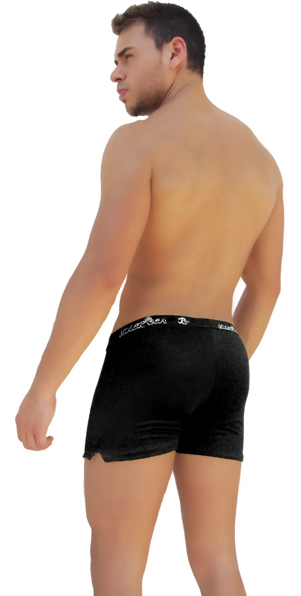 Black velvet Icker Sea Side Slit long boxer brief underwear with silver chain waistband featuring Vicenza logo