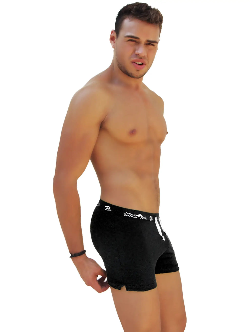 Black velvet Icker Sea side slit long boxer brief underwear in black with white embroidered branding and matching drawstring