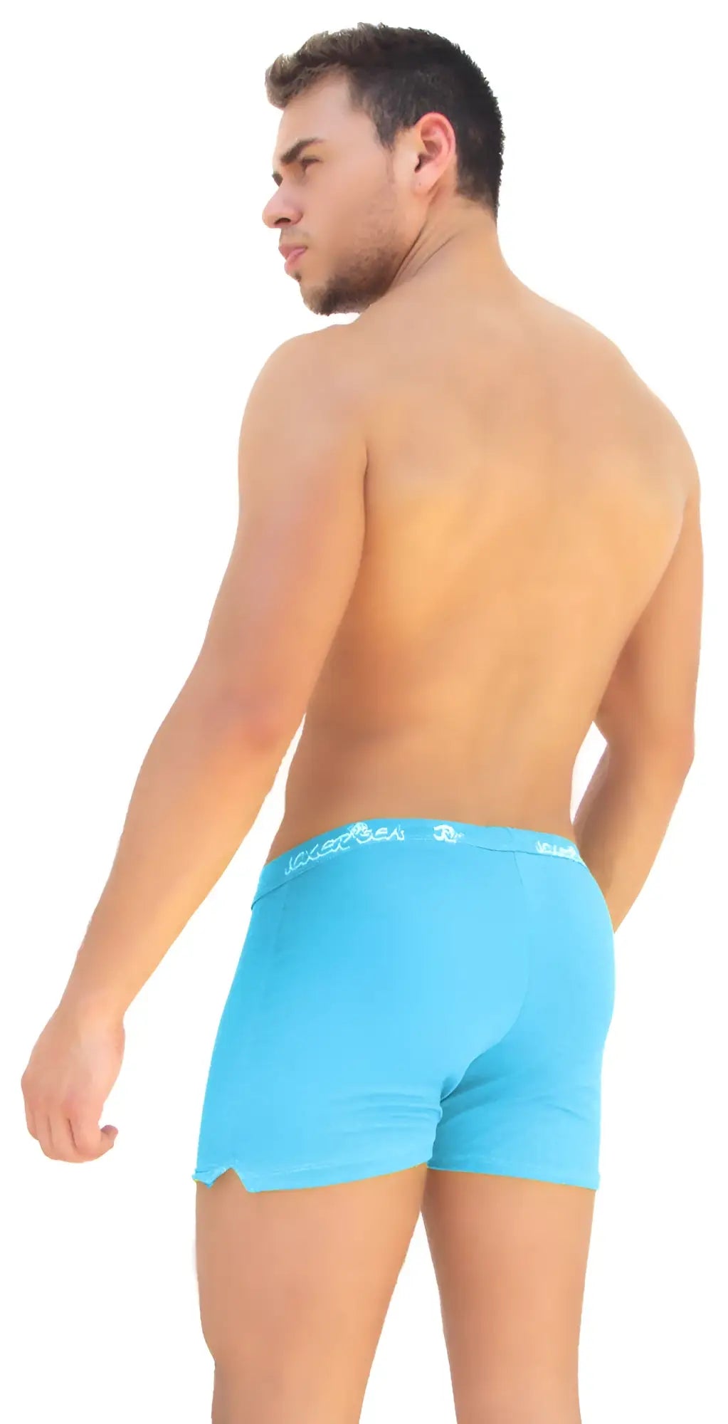 Icker sea side slit long boxer brief underwear in bright blue cotton with subtle white logo trim on waistband