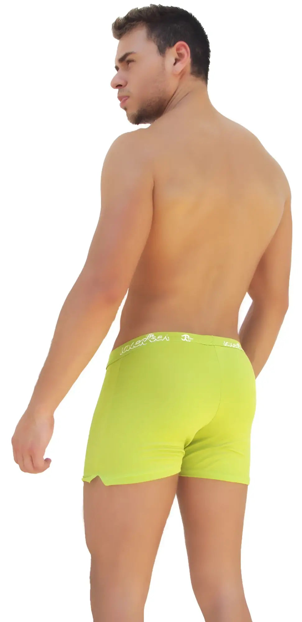 Icker sea side slit long boxer brief underwear in bright lime green with white elastic waistband and brand name