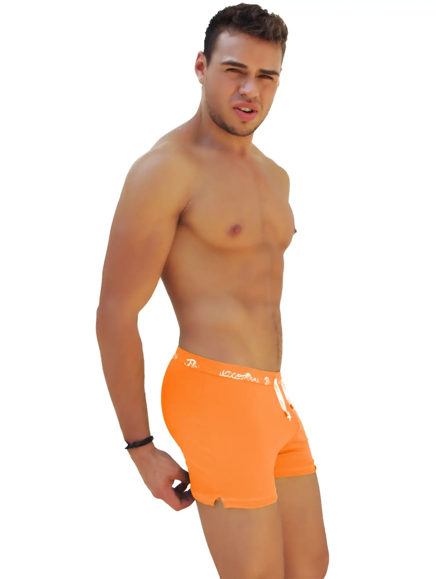 Bright orange icker sea side slit long boxer brief underwear with white logo and drawstring for comfortable fit