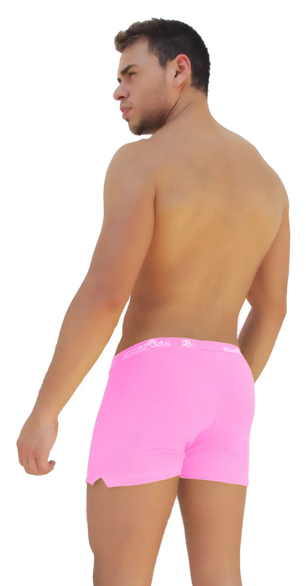 Icker Sea side slit long boxer brief underwear in bright pink with a subtle white logo on the waistband
