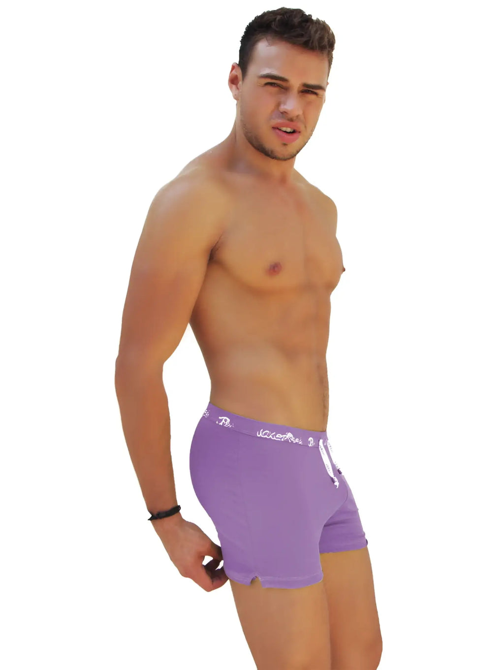 Purple icker sea side slit long boxer brief underwear for men with white logo and drawstring waistband