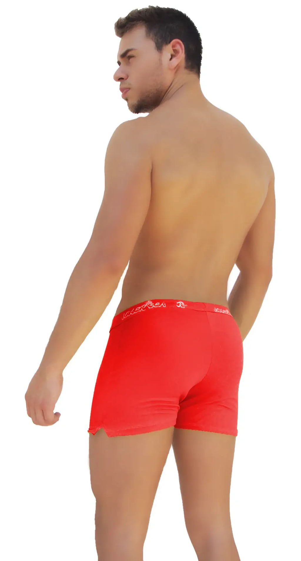 Red icker sea side slit long boxer brief underwear with white embroidered brand waistband in red color