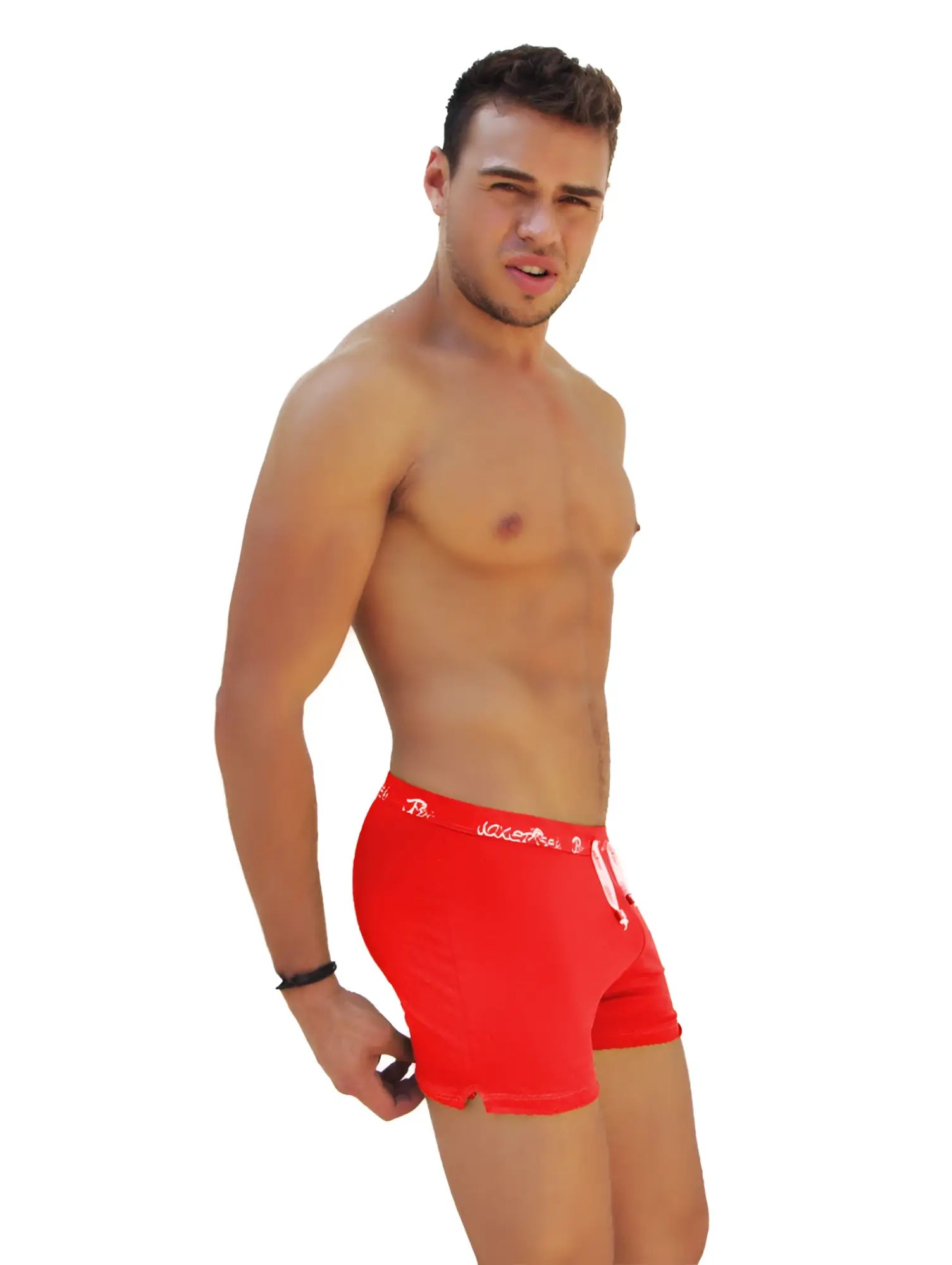 Icker sea side slit long boxer brief underwear in red with white logo and drawstring for comfortable wear