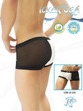 Black and white mesh icker sea one side transparent contrast trim square cut swim trunks with solid black waistband