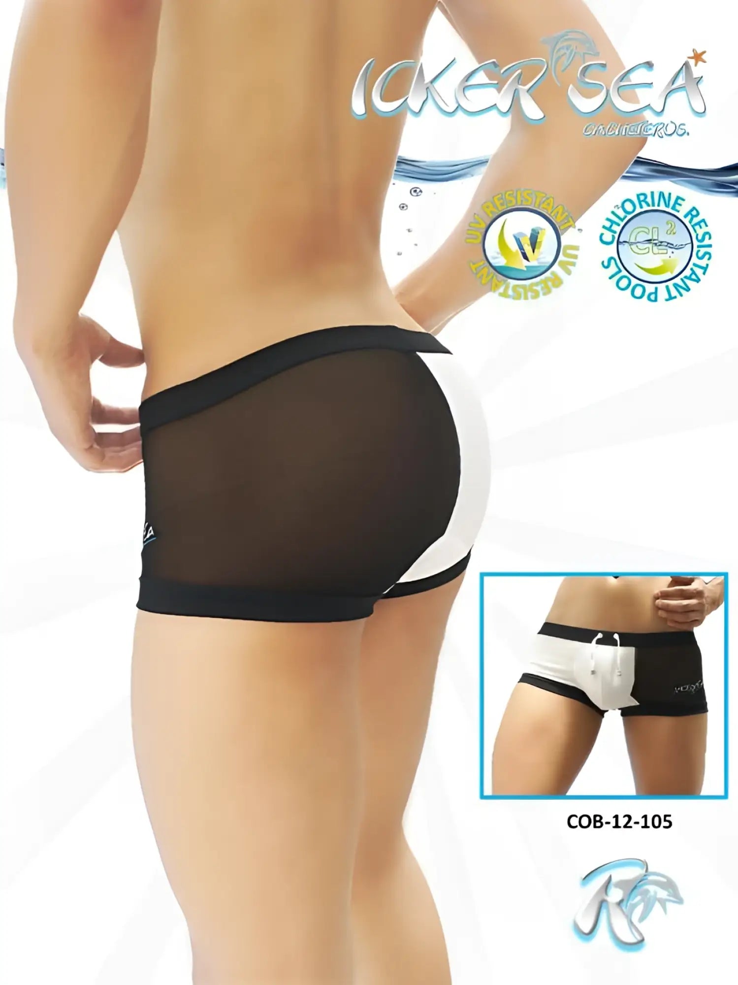Black and white mesh icker sea one side transparent contrast trim square cut swim trunks with solid black waistband