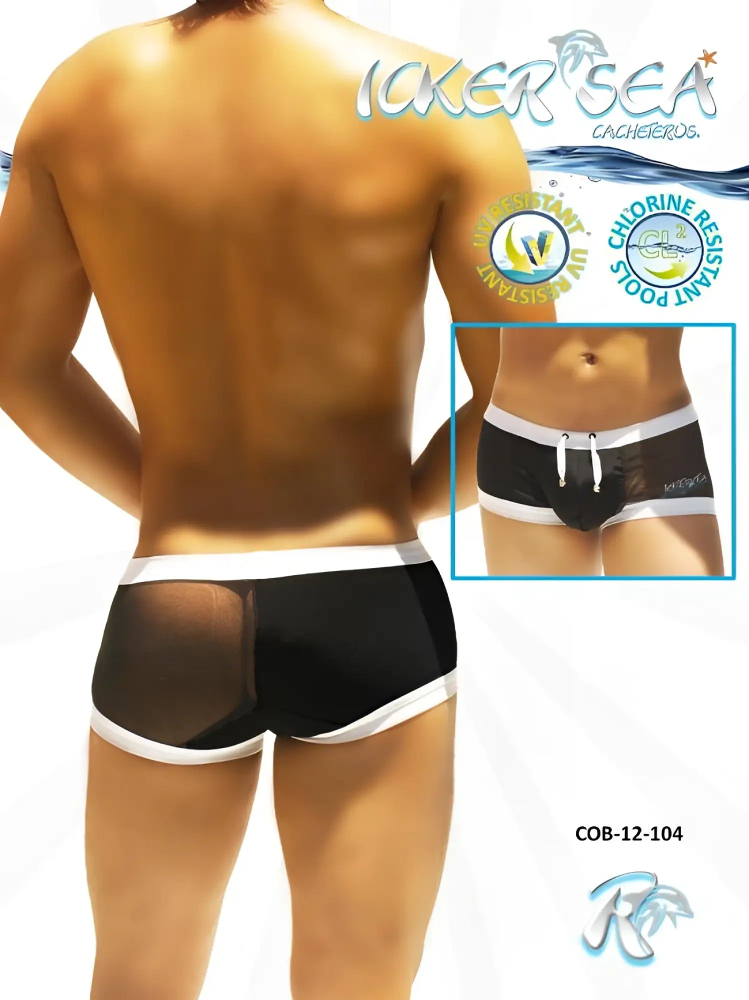 Black and white mesh swim trunks with drawstring waistband and icker sea logo in icker sea one side transparent square cut trunk