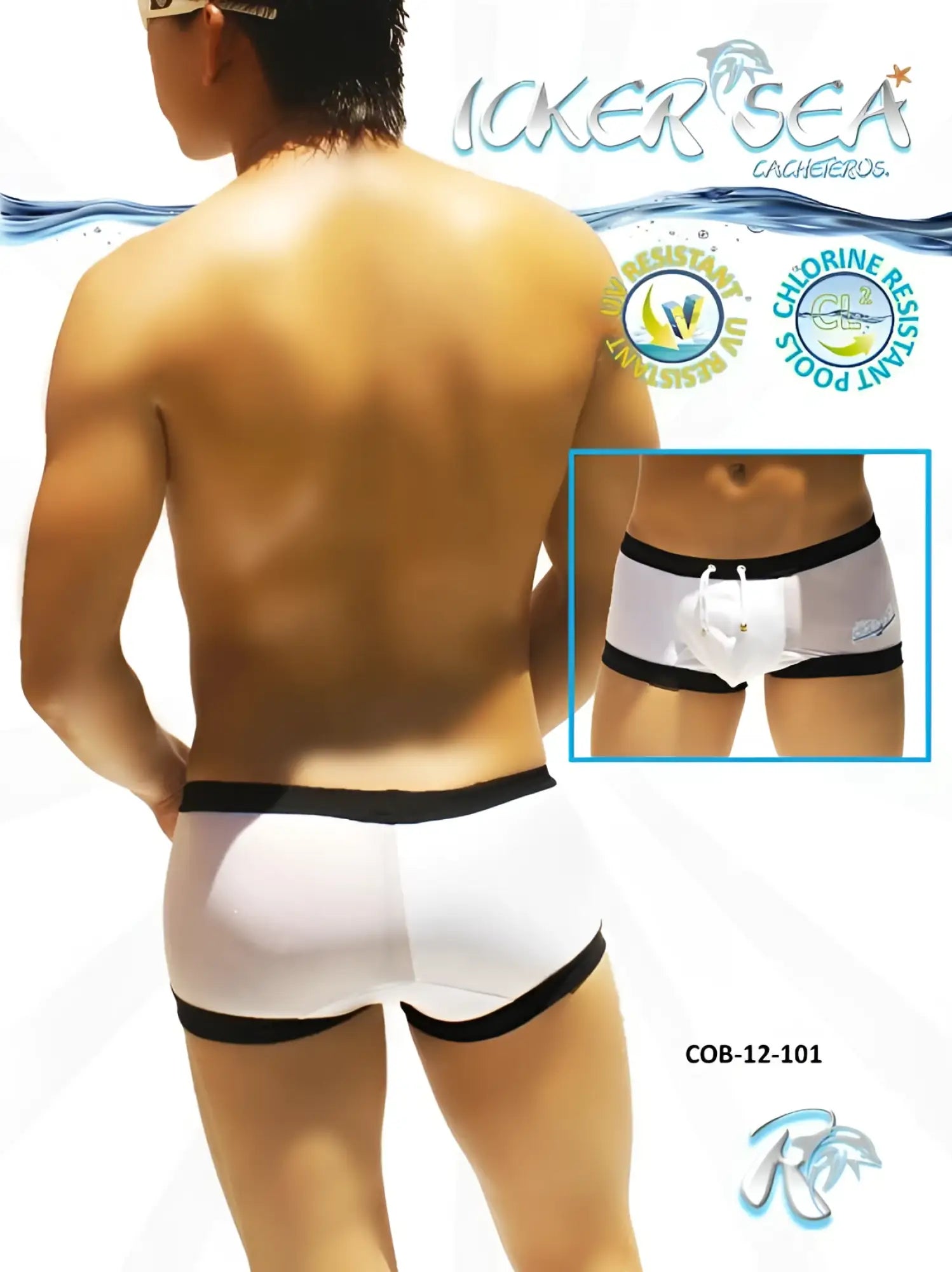 Icker Sea one side transparent square cut trunk swimwear in white with black trim and drawstring waistband