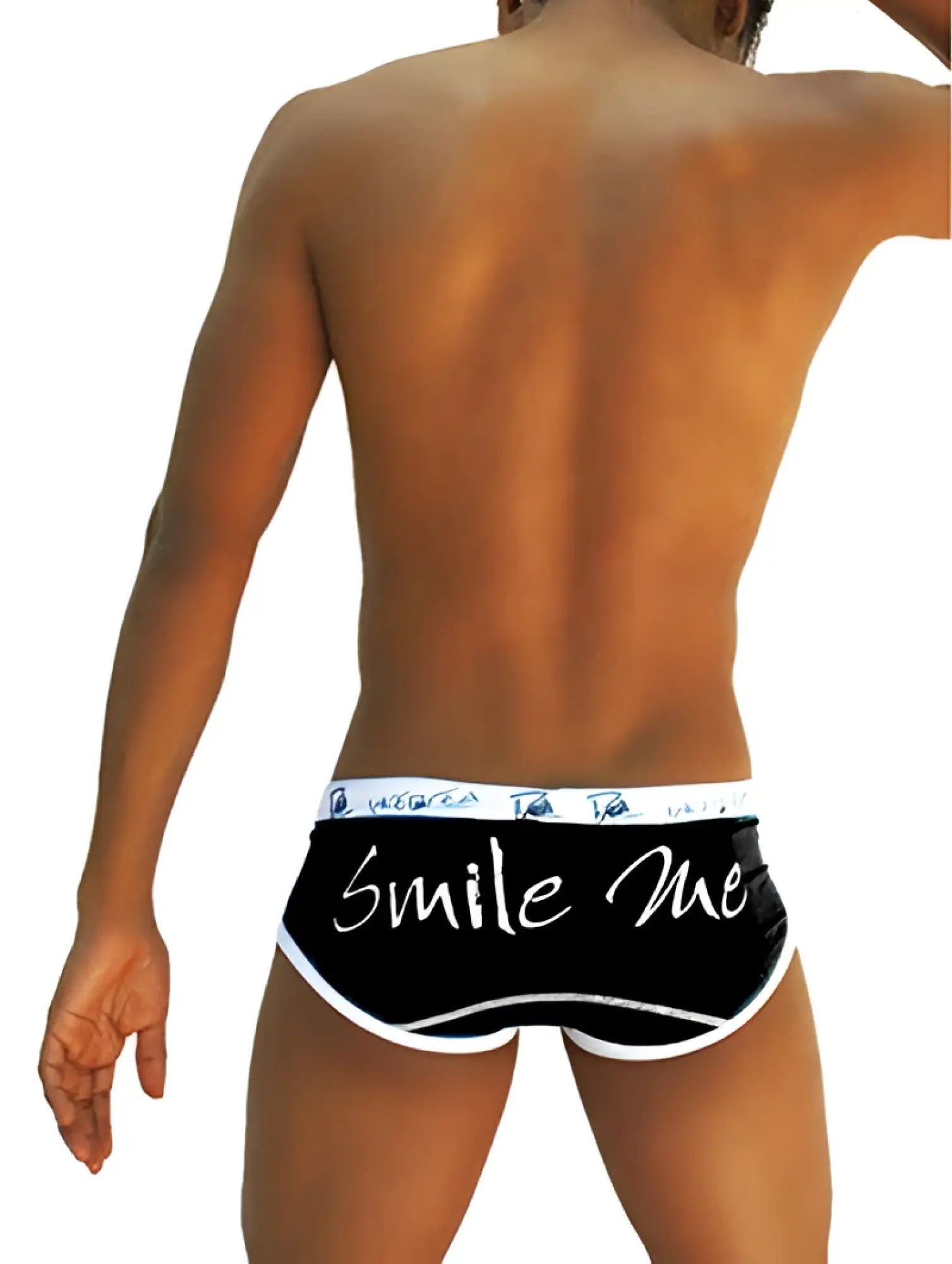 Black Icker Sea Smile Me brief underwear with white trim and smile me cursive script on the front