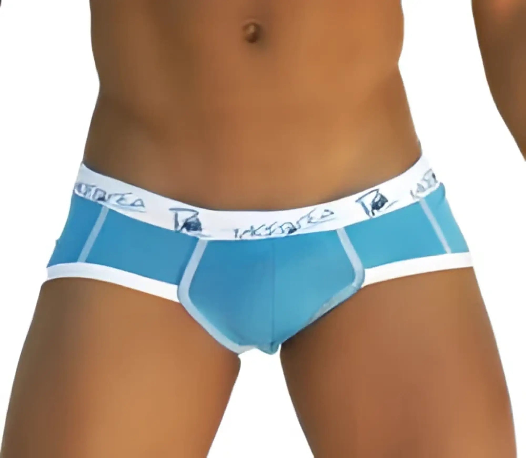 Light blue icker sea smile me brief underwear with white trim and repeating logo pattern on waistband