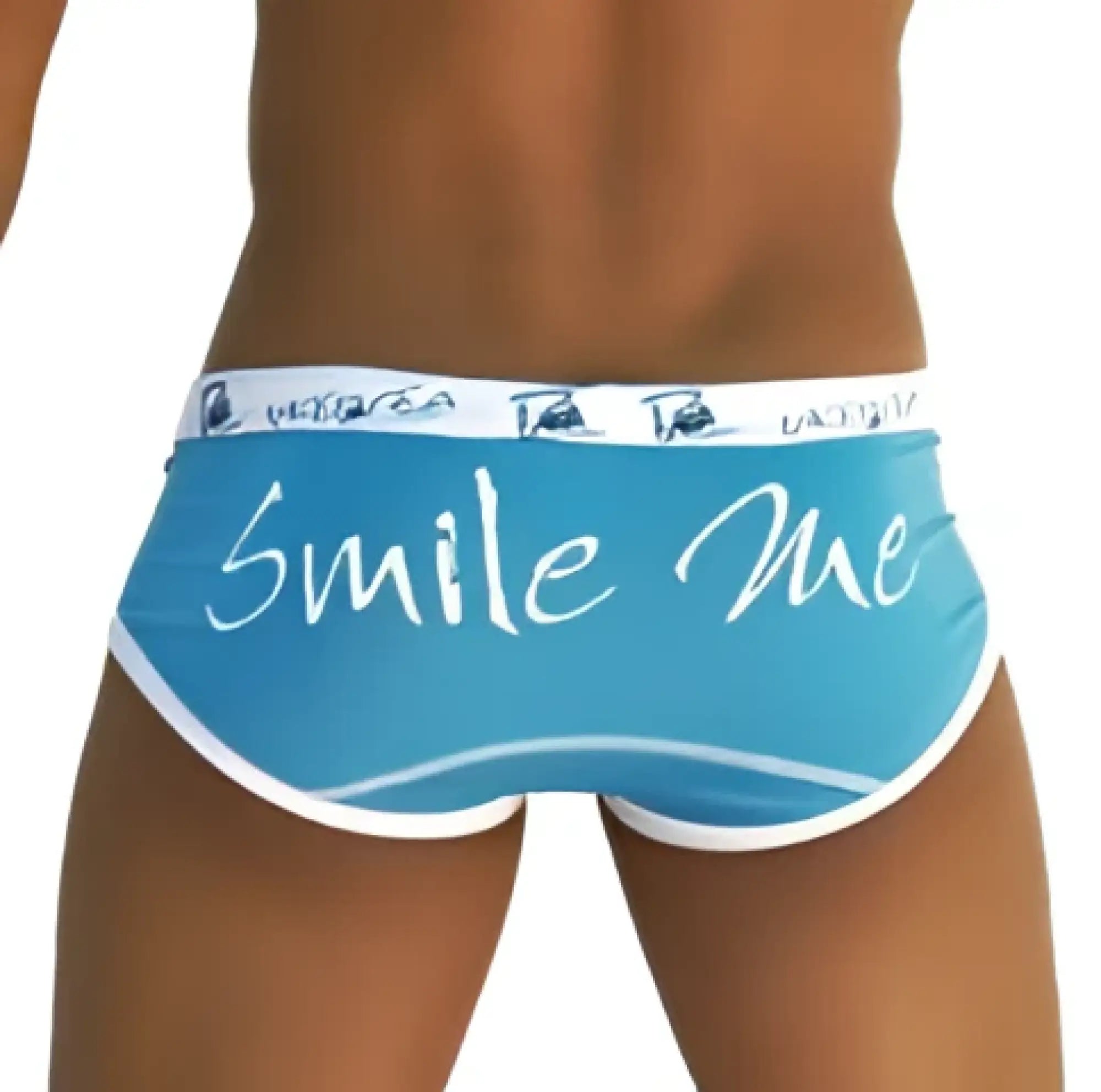 Light blue Icker Sea Smile Me brief underwear with white trim and cursive smile me text on front in snug fit design