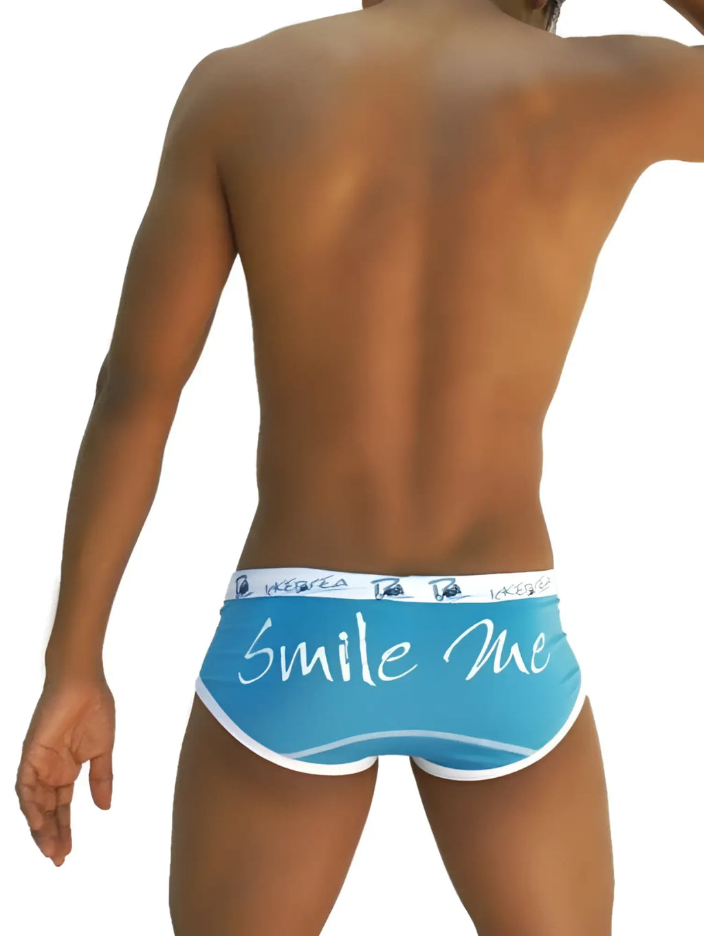 Blue men’s briefs with white trim and smile me cursive script front design from icker sea COI-13-14