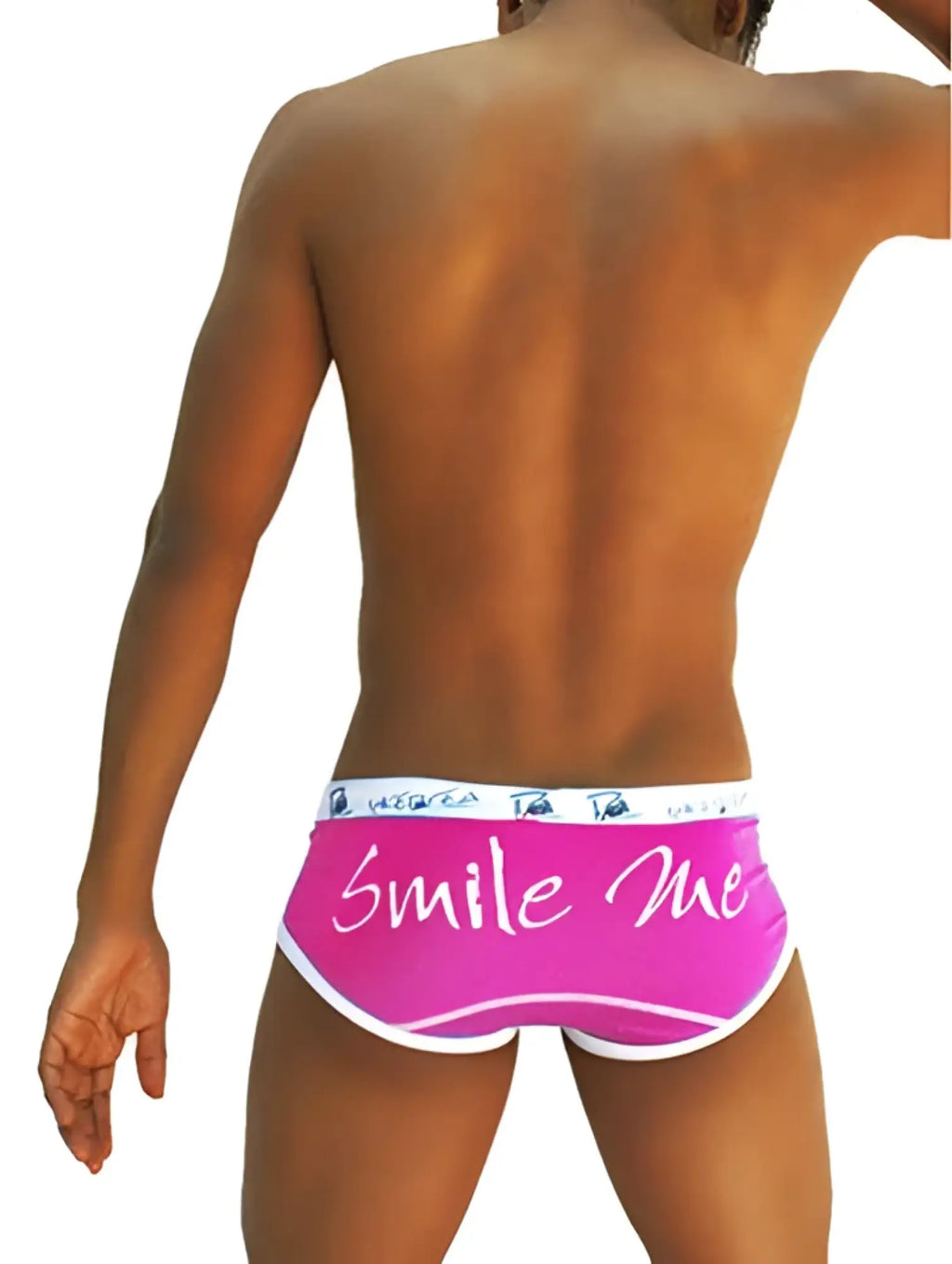Bright pink fuchsia Icker Sea Smile Me brief underwear with white trim and smile me cursive script on front