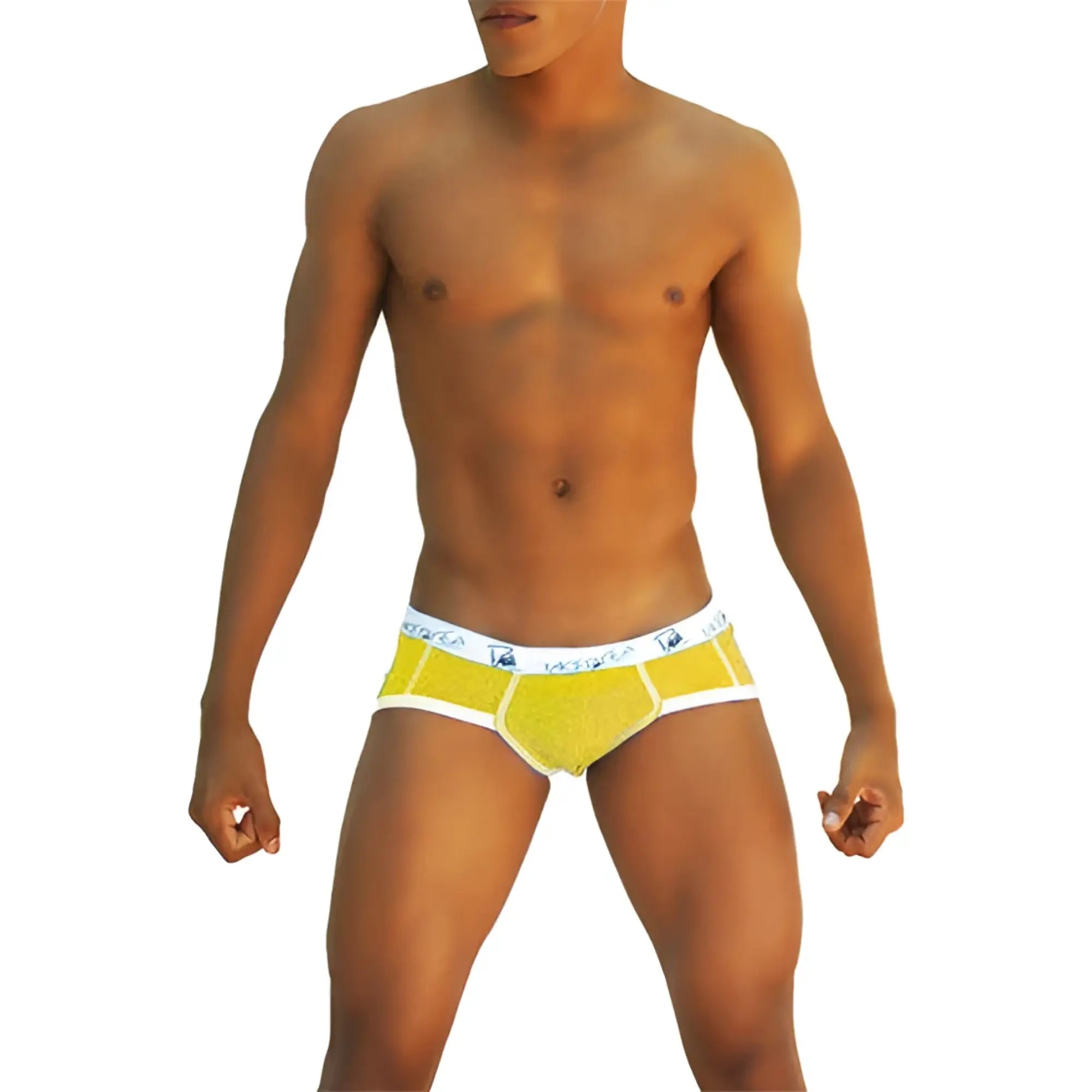 Bright yellow men’s brief underwear with white trim a subtle pattern and victoria brand name on waistband mango COI-13-14