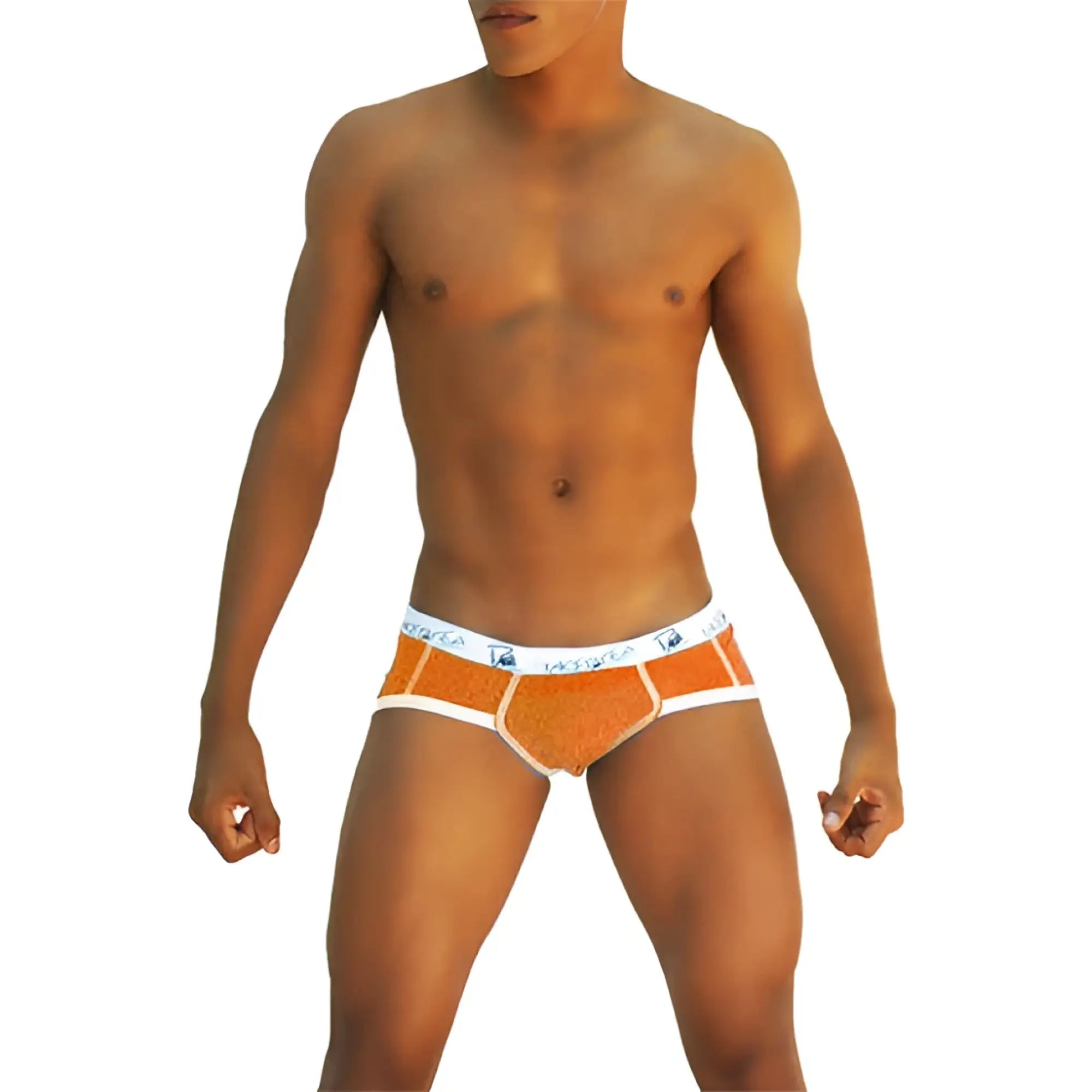Orange textured Icker Sea Smile Me brief underwear with white trim and blue logo on waistband front view