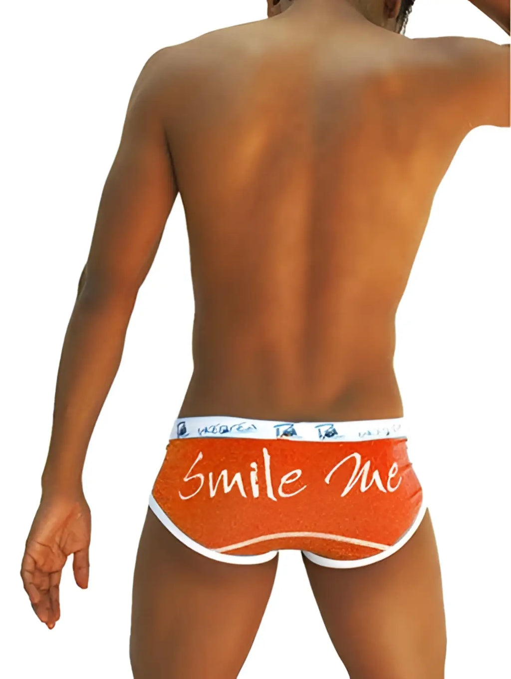 Icker sea smile me brief underwear orange with white trim and smile me cursive script on front