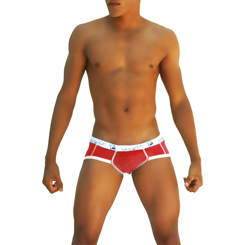 Red and white men’s briefs with branded waistband from icker sea smile me brief underwear red COI-13-14 collection