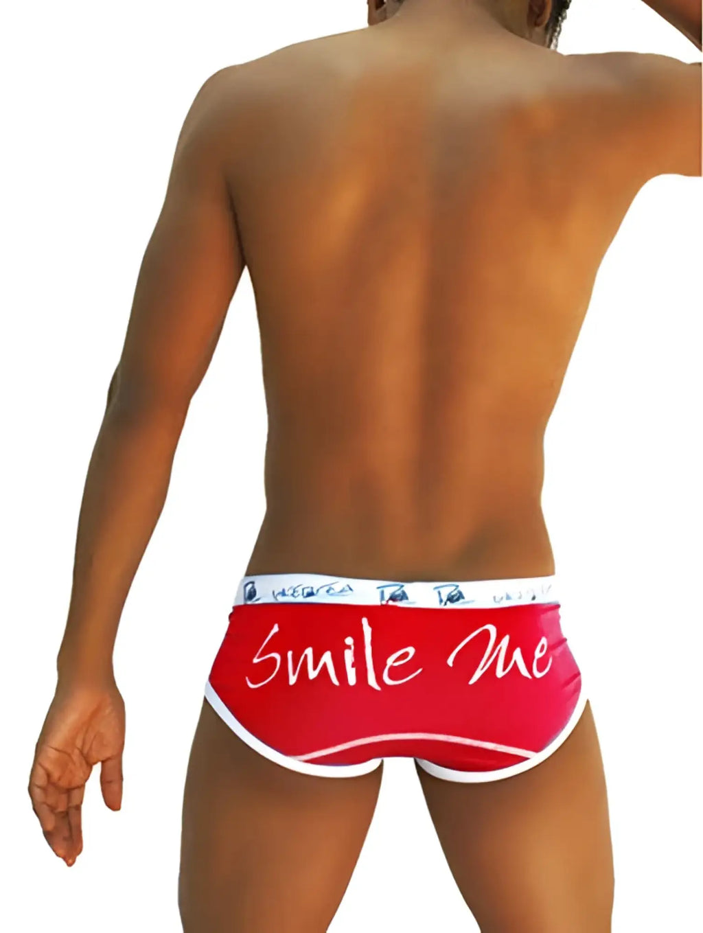 Red Icker Sea Smile Me brief underwear with white trim and playful script design for comfortable everyday wear