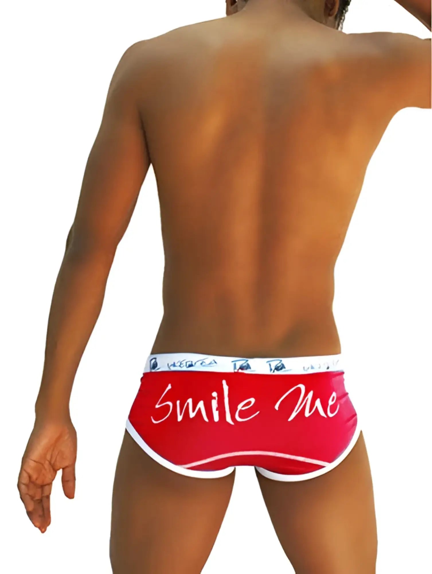 Red Icker Sea Smile Me brief underwear with white trim and playful script design for comfortable everyday wear