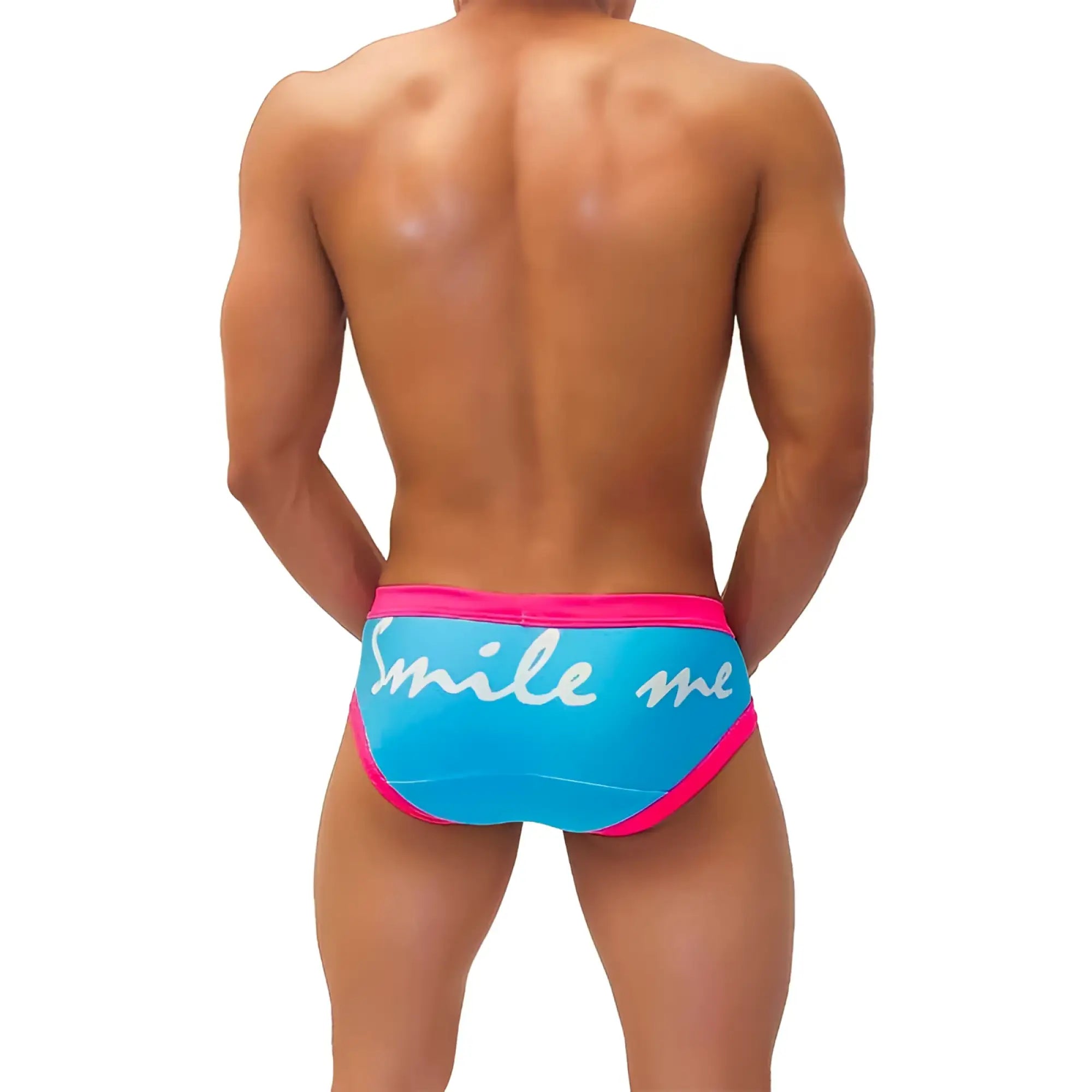 Icker Sea Smile Me duotone brief underwear in bright blue swim trunks with bold pink trim and white smile me script