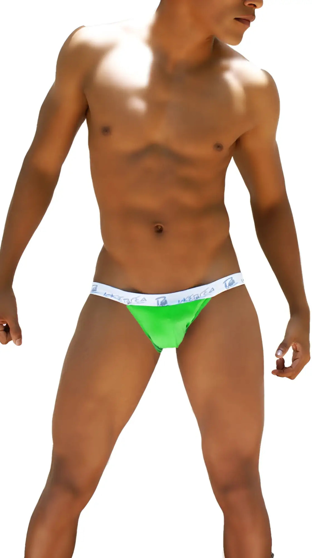 Bright green icker sea smile me microslip bikini underwear with white hercules branded waistband in front view