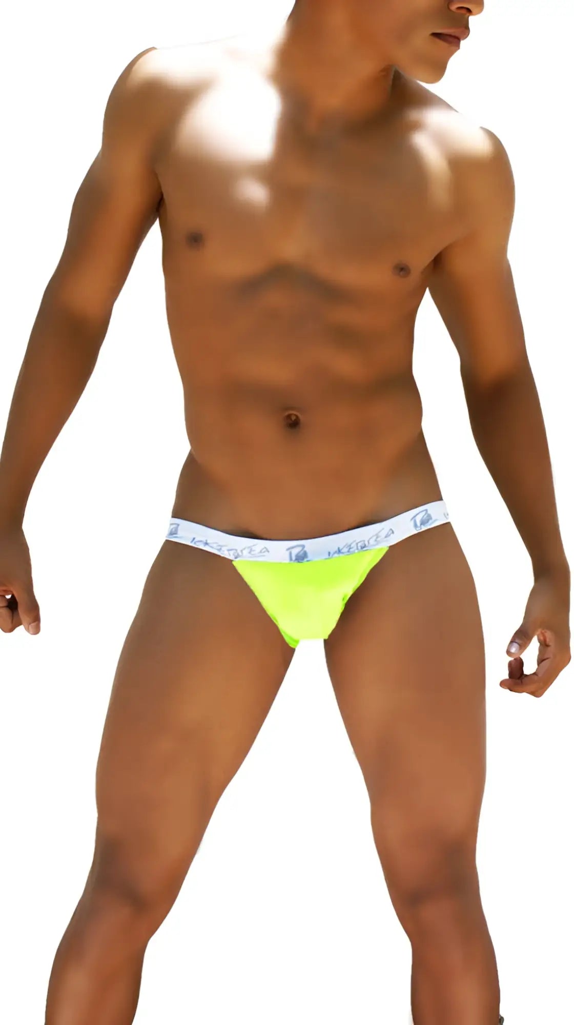 Bright neon green microslip bikini underwear with a white logo waistband from Icker Sea Smile Me collection