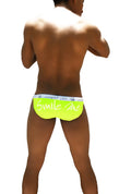 Bright neon green icker sea smile me microslip bikini underwear with white graphic and light blue waistband